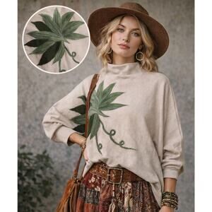 Aaeda Sweater M Needle Felted Flowers Artsy Whimsical Mock Neck Dolman Sleeves
